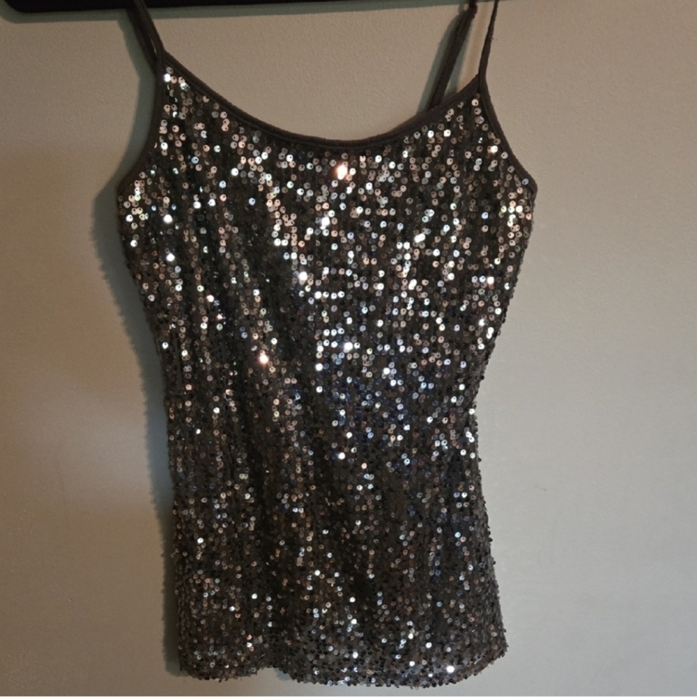 Medium Silver Sequin Camisole Vintage Fitted Party Holiday Sparkle Shiny